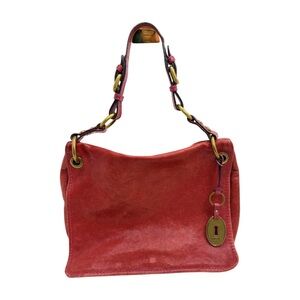 Fossil Red Leather Shoulder Bag Key Charm Vintage Distressed Hobo Purse
